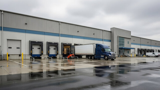 Blue semi truck at modern distribution center loading dock. Forklift loads freight, symbolizing efficient logistics, warehousing, and global transportation operations on a wet day.
