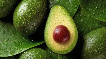 A Fresh Avocado Halved, Surrounded by Glimmering Green Leaves. This Image Highlights the Vibrant Texture and Juicy Interior. Ideal for Healthy Eating and Culinary Inspiration. AI