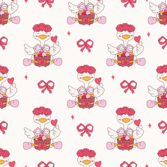 Seamless Pattern of Lovely Goose Romance filled with charming hearts and blooming roses. Vector illustration.