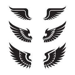 Bird silhouettes and wing designs collection in black on white background
