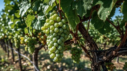 Clusters of green grapes hanging from the vine in a vineyard.
