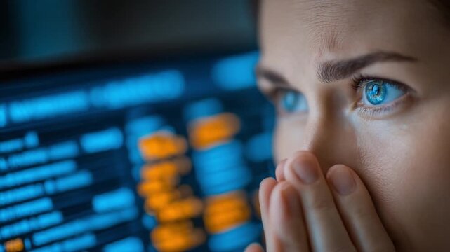 Intense scrutiny: A close-up portrait of a woman staring intently at a computer screen. her face and eyes reflect concern and focused.