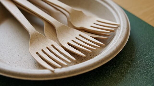Medium shot showing biodegradable forks arranged neatly beside a compostable plate in an environmentally conscious dining hall.