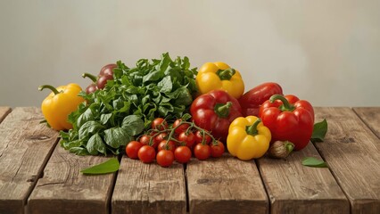 Fresh vegetables including yellow, red, and purple peppers, cherry tomatoes, and leafy greens displayed on a rustic wooden table.