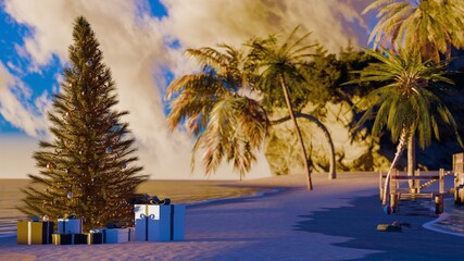 Tropical Christmas Tree with Gifts on Beach at Sunset, Holiday Copy Space