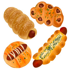 A set of sausage bun without background for bakery can cafe menu