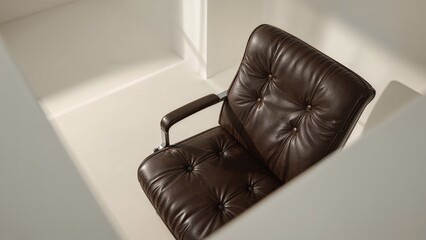 A leather office chair in a well-lit corner of a room.