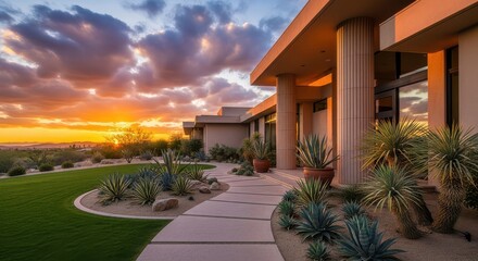 Modern desert residence at sunset with vibrant sky and xeriscape landscaping