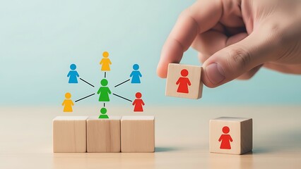 A hand adding a human figure to a network of connected people on wooden blocks symbolizing teamwork and leadership