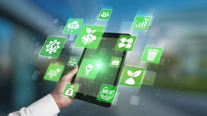 ESG icons show environmental impact, social responsibility, and corporate governance. ESG drives...
