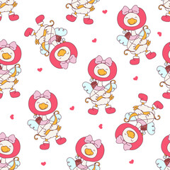 Seamless Pattern of Lovely Goose Romance filled with charming hearts and blooming roses. Vector illustration.