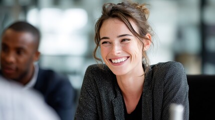 Fototapeta premium Confident Collaboration: A radiant young professional exudes poise and confidence during a business meeting.