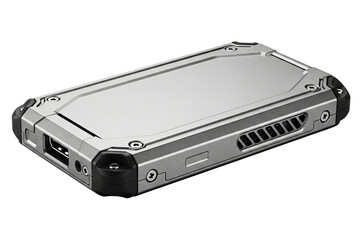 Rugged and durable external solid-state drive silver case isolated with transparent background