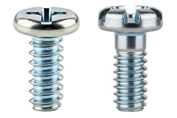 Macro photo of two combination drive pan head metal screws isolated with transparent background