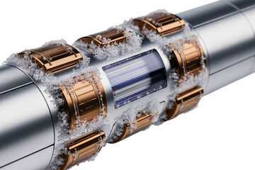 Frozen metallic cylinder with copper plates and ice crystals isolated with transparent background