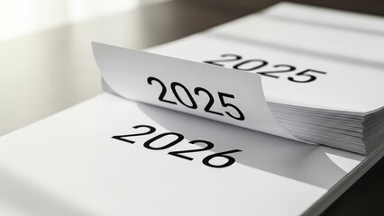 Stack of papers with 2025 and 2026 calendar pages on dark surface