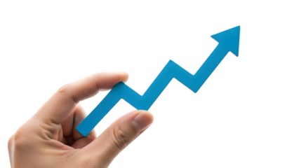 Hand holding blue arrow graph isolated on transparent background
