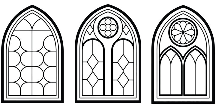 Three gothic arch windows with detailed stained glass patterns in black and white, featuring intricate designs, medieval architecture elements, decorative window frames,