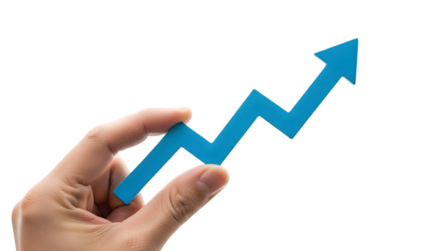 Hand holding blue arrow graph isolated on transparent background - Powered by Adobe