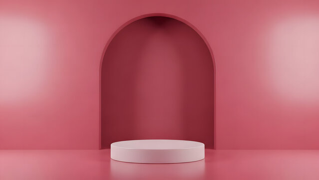 a simple pink stage with an arched backdrop and a pedestal for display
