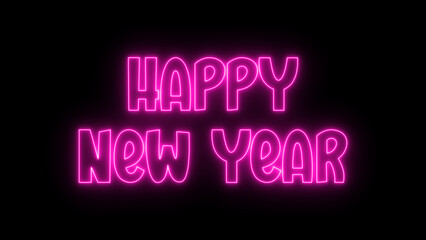 Magenta Neon Happy New Year Text on Black Background