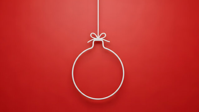 A minimalist white outline of a Christmas ornament hangs from a thin string with a bow against a vibrant red background