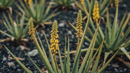 Obraz premium Yellow flowering plants among green spiky leaves in a desert or arid environment