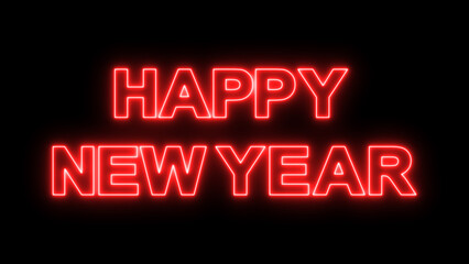 Red Neon Happy New Year Text on Black Background glowing