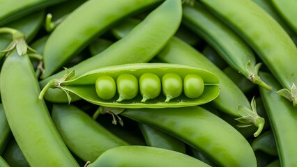 Close-up of fresh green pea pods with one open pod revealing plump peas, vibrant and crisp texture