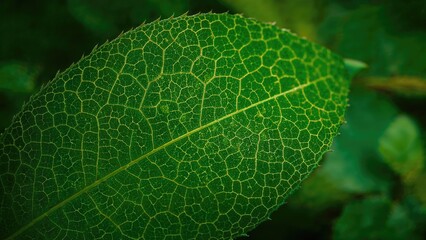 Close-up of a green leaf showing detailed vein structure. Nature and plant life, concept. Botany and foliage. The concept of plant anatomy and natural textures