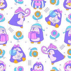Seamless pattern of festive penguin in wonderland filled with joyful holiday charm and whimsical winter cheer. Vector illustration.