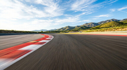Racecourse Curve Vista, Scenic Racing Slope With Cloudy Sky And Distant Mountains