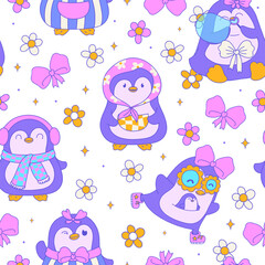 Seamless pattern of festive penguin in wonderland filled with joyful holiday charm and whimsical winter cheer. Vector illustration.