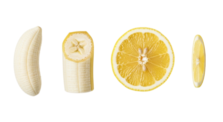 Sliced banana and orange sections transparent background cutout png