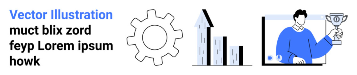 Business growth, success, teamwork, development, corporate strategy, goal achievement. Gear mechanism, bar graphs and a person holding a trophy. Business growth and success concept