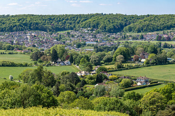 Fototapeta premium The town of Dursley viewed from Cam Peak (an outlier of the Cotswold scarp) near Dursley, Gloucestershire, England UK