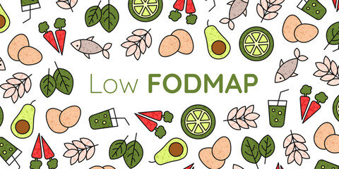 Low FODMAP diet background featuring illustrated food items suitable for a low FODMAP lifestyle, with the text “Low FODMAP” centered in the composition.