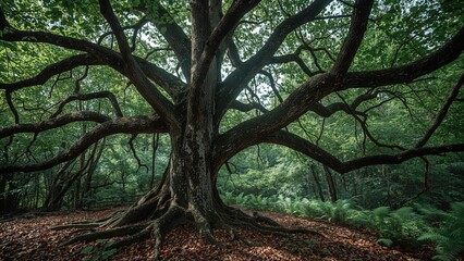 Obraz premium A large tree with sprawling branches in a lush forest.