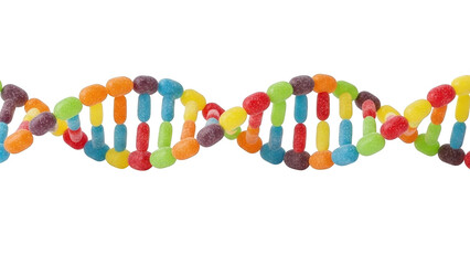 Colorful gummy candy D N A double helix on black background jelly beans