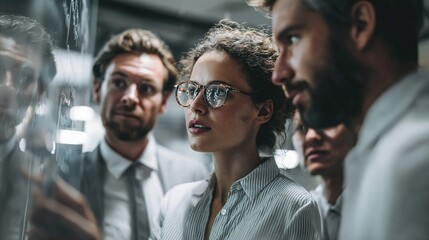 Obraz premium Business Team in Deep Discussion: A group of focused professionals huddle around a glass display, intensely analyzing data. The image highlights collaboration.