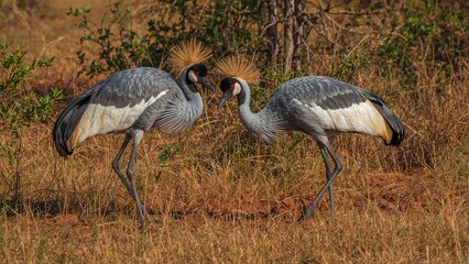 Fototapeta premium Two gray crowned cranes standing face to face in a natural habitat with dry grass and bushes.