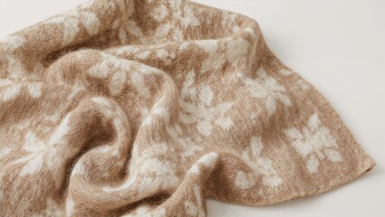 Fuzzy blanket with floral pattern and soft texture, beige and cream colors. Cozy bedding or throw fabric. The textile design features delicate floral motifs.