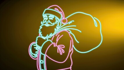 A glowing neon sign illustration of Santa Claus. Festive Christmas holiday graphic with a retro style. Banner with copy space