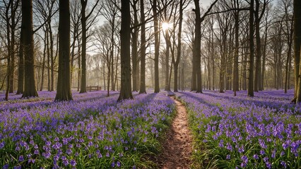 Fototapeta premium A trail through a forest with purple flowers in bloom and sunlight shining through the trees. Nature scene, outdoor landscape, springtime, tranquility, floral beauty.