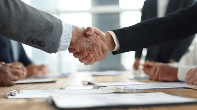 Deal handshake in the boardroom: Close-up of two individuals in business suits shaking hands over a wooden table, symbolizing agreement and collaboration. Symbol of unity and partnership.