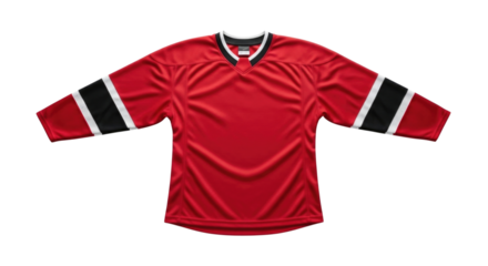 Red hockey jersey with black and white stripes on sleeves transparent background cutout png