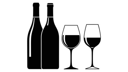 A black silhouette graphic featuring two wine bottles and two wine glasses