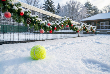 Bright Yellow Ball Stands Out Amidst Snowy Landscape And Holiday Decor In Winter Setting