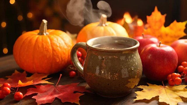 Cozy Thanksgiving Autumn Harvest Decor Steaming Hot Drink Pumpkins