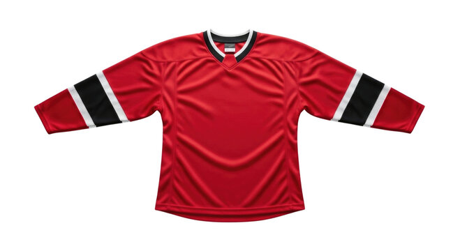 Red hockey jersey with black and white stripes on sleeves transparent background cutout png